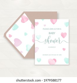 Baby shower invitation and happy birthday greeting card with watercolor heart and calligraphy line inscription. Vector illustration, hand drawn style.