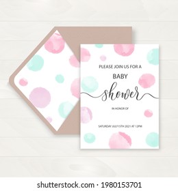 Baby shower invitation and happy birthday greeting card with watercolor circle and calligraphy line inscription. Vector illustration, hand drawn style.