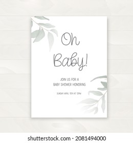 Baby shower invitation and happy birthday greeting card with watercolor green leaves. Vector illustration, hand drawn style