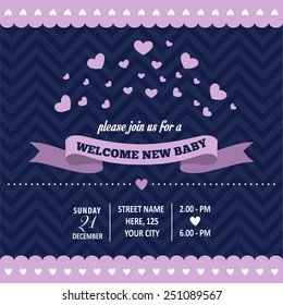 baby shower invitation with hearts in retro style, vector format