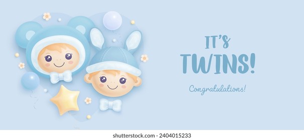 Baby shower invitation, horizontal poster, banner or greeting card with cute baby boys, helium balloons and flowers on blue background. It's twins. Vector illustration