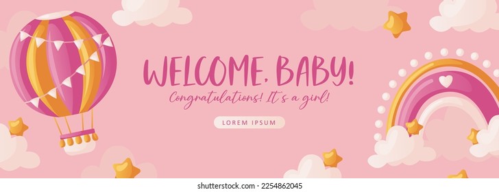 Baby shower invitation with hot air balloon, rainbow, stars, helium balloons and clouds on pink. Lettering It's a girl. Hello baby celebration, holiday, event. Banner, flyer. Cartoon illustration
