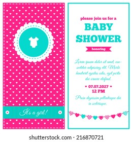 Baby shower invitation. Hot pink, white and azure colors. Frame with symbol of rompers on a background with little hearts pattern.