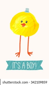 Baby shower invitation "It's a boy". Cute hand drawn chick. Watercolor funny baby chicken. Watercolor / acrylic yellow kids craft. Cartoon vector eps 10 illustration on white background. 