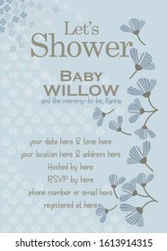 Baby Shower Invitation Layout Template with Flowers Color Light Blue and Tan, Arrival date announcement Floral theme for boy and girl, Falling Tulips and small clover leafs