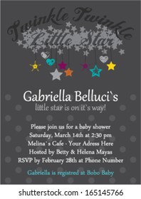 Baby Shower Invitation Layout Template Color Grey, Arrival date announcement Twinkle Little Star theme for boy and girl, Hanging from strings textured hearts and stars, mommy to be greeting card