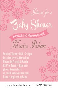 Baby Shower Invitation Layout Template with Spring Round Flowers and decorative fern, Pink Color Arrival date announcement Floral theme for girls, mommy to be greeting card