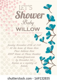 Baby Shower Invitation Layout Template with Flowers Color Light pink and teal, Arrival date announcement Floral theme for girls, Falling Tulips and small clover leafs