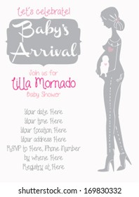 Baby Shower Invitation Layout Template with Pregnant Girl Profile Silhouette, Off White and Grey Color Arrival date announcement for boy and girl, mommy to be greeting card