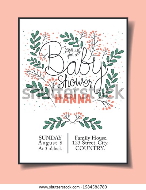 Baby Shower Invitation Leafs Decoration Party Stock Vector