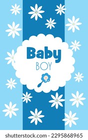 Baby shower invitation, lots of daisies on a blue background.