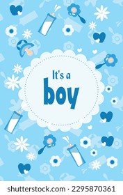 Baby shower invitation, lots of flowers on a blue background, baby things.