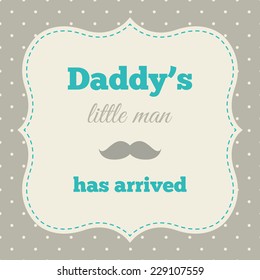 Baby shower invitation. Mustache party. Blue, gray, cream colors. Polka dot background