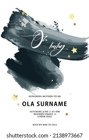 Baby shower invitation, Oh boy birthday greeting card in emerald green colors with gold glitter, baby born Midnight space card , elegant design 