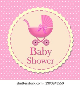 baby shower invitation, pink background,  Stroller for girl, vector illustration eps10