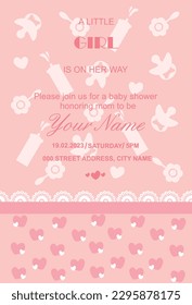 Baby shower invitation, pink background of children's toys, hearts, lace.
