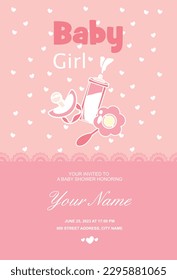 Baby shower  invitation, pink background of white hearts, pacifier, rattle, and bottle.