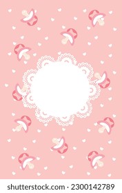 Baby shower invitation, pink background with white hearts and pink pacifier, lace frame in the center.