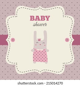 Baby shower invitation. Pink and cream colors. Vintage frame with illustration of a sweet bunny princess on a polka dot background.