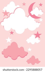 Baby shower invitation, pink sky with moon and stars.
