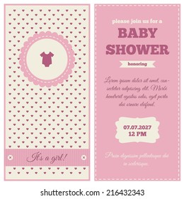 Baby shower invitation. Plum, pink and cream colors. Frame with symbol of rompers on a background with little hearts pattern.