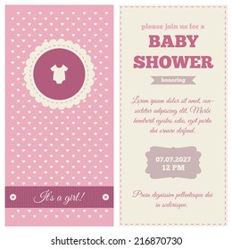 Baby shower invitation. Plum, pink and cream colors. Frame with symbol of rompers on a background with little hearts pattern.