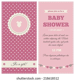 Baby shower invitation. Plum, pink and cream colors. Frame with symbol of rompers on a background with little hearts pattern.