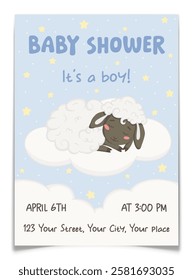 Baby shower invitation postcard for boy with sleeping black lamb on fluffy cloud. Gender announcement greeting card. Hand drawn male animal character. Blue starry sky background. Vector illustration.