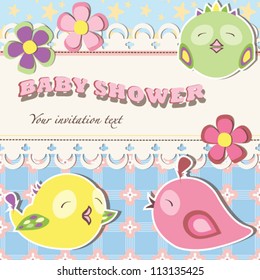 Baby shower invitation postcard with a colorful birds