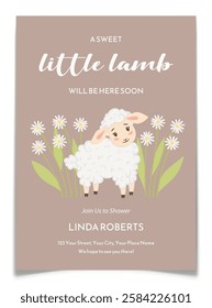 Baby shower invitation postcard with cute lamb. Gender announcement greeting card for boy or girl. Hand drawn animal character and camomile flowers isolated on brown background. Vector illustration.