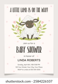 Baby shower invitation postcard with cute lamb. Gender announcement greeting card for boy or girl. Hand drawn animal character. Background with green leaves and pink flowers. Flat vector illustration.