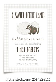 Baby shower invitation postcard with cute lamb. Gender announcement greeting card for boy or girl. Hand drawn sleeping animal character. Light grey checkered background. Flat vector illustration.