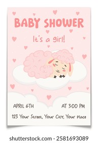 Baby shower invitation postcard for girl with sleeping pink lamb on fluffy cloud. Gender announcement greeting card. Hand drawn female animal character. Pink sky with hearts. Flat vector illustration.