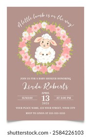 Baby shower invitation postcard with lamb inside floral wreath with pink and white flowers, green leaves. Gender announcement greeting card for girl. Hand drawn animal character. Vector illustration.