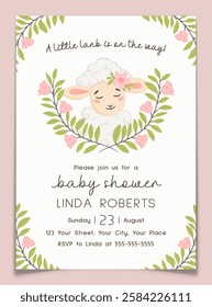 Baby shower invitation postcard with lamb behind floral branches with pink flowers and green leaves. Gender announcement greeting card for girl. Hand drawn female animal character. Vector illustration