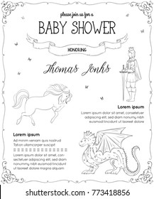 Baby shower invitation with prince, dragon, horse and butterflies. Fairy tale theme. Vintage vector illustration