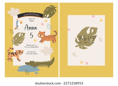 Baby shower invitation printable design with jungle animals. Tiger, crocodile, cheetah In tropical - flat vector illustrations on child greting template.
