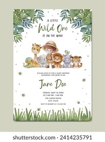 Baby shower invitation with safari theme watercolor template background