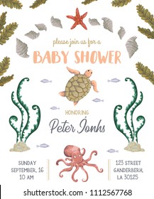 Baby shower invitation with sea plants, corals, seaweed, stones and animals. Hand drawn marine flora and fauna in watercolor style. Cute cartoon characters. Vector illustration