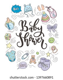 Baby shower invitation. Set cute for baby. Doodle vector illustration