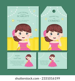 Baby shower invitation set with cute princess in pink dress
