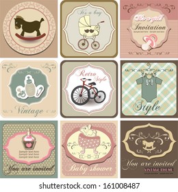 Baby shower invitation set, vintage style, vector illustration