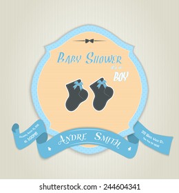 Baby shower invitation with socks for baby boy. Made in vector illustration