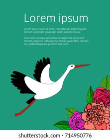 Baby shower invitation with stork flying and carrying a bundle. Cute colorful vector illustration. 