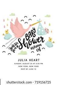 Baby Shower Invitation with stork and hand drawn letters design. Baby Shower card party template 