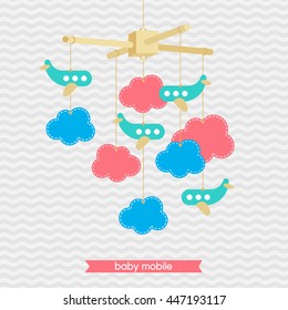 Baby shower invitation, template. Adorable illustration of baby mobile: stars and clouds. Isolated baby mobile for scrap booking, cards, baby shower.