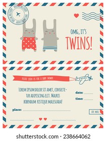 Baby shower invitation, template. Air mail design. Illustration of bunnies twins.