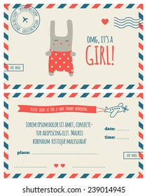 Baby shower invitation, template. Air mail design. Illustration of sweet bunny girl in polka dot red rompers.