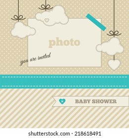 Baby shower invitation, template. Azure, beige and cream colors. Photo frame and decorative elements (clouds, heart) on a polka dot and striped background