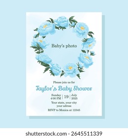 Baby shower invitation template with baby's photo and beautiful blue flowers, ideal for celebrating a newborn boy and sharing joyful news